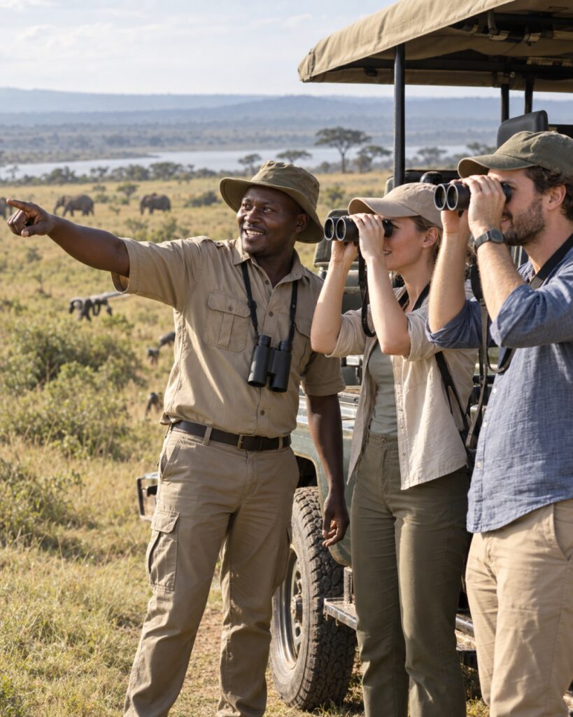 Driver-guide pointing out wildlife to visitors