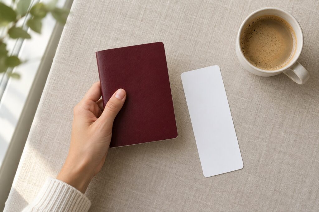 Hand holding a passport over a desk